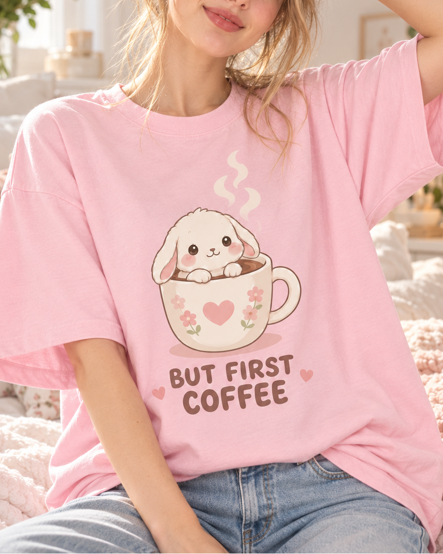 But First Coffee Bunny Graphic Oversized Tee