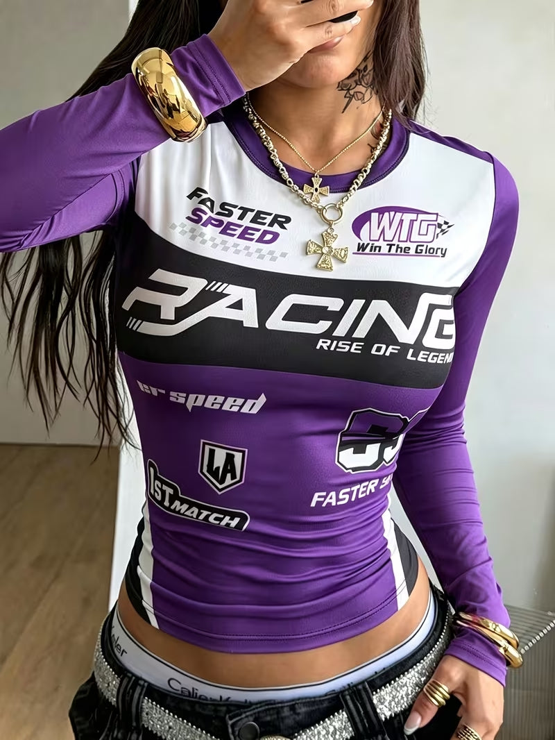 Purple Racing Graphic Long-Sleeve Cotton Crop Top