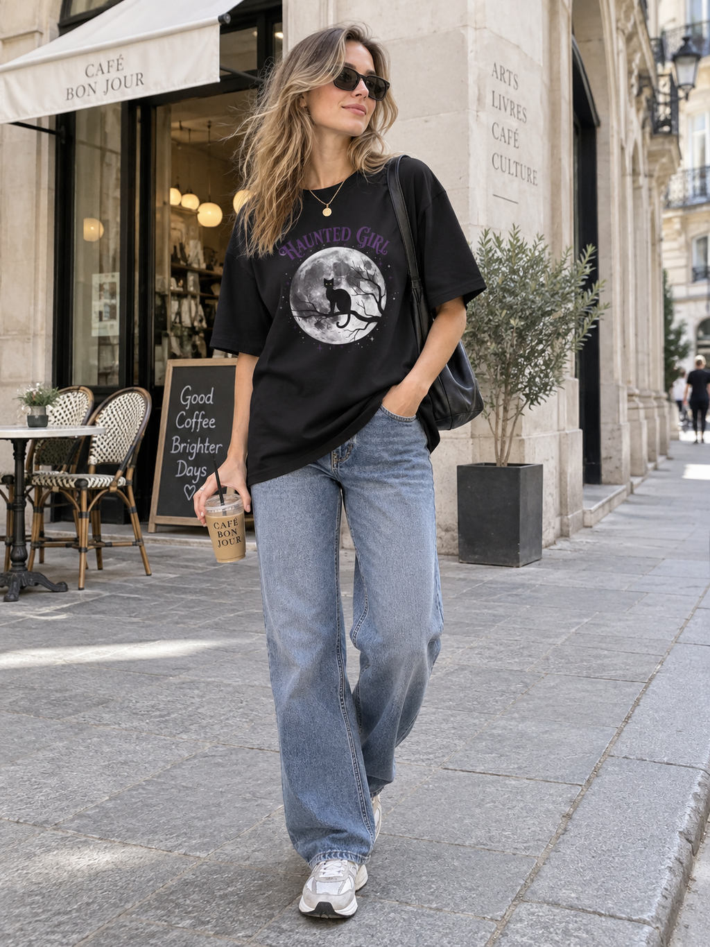 Haunted Girl Moon Cat Graphic Oversized Tee