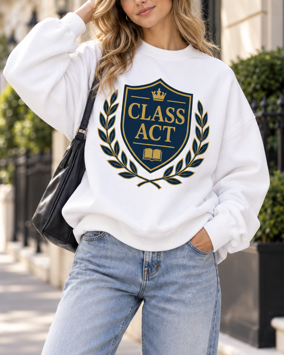 Class Act Collegiate Crest Graphic Oversized Sweatshirt