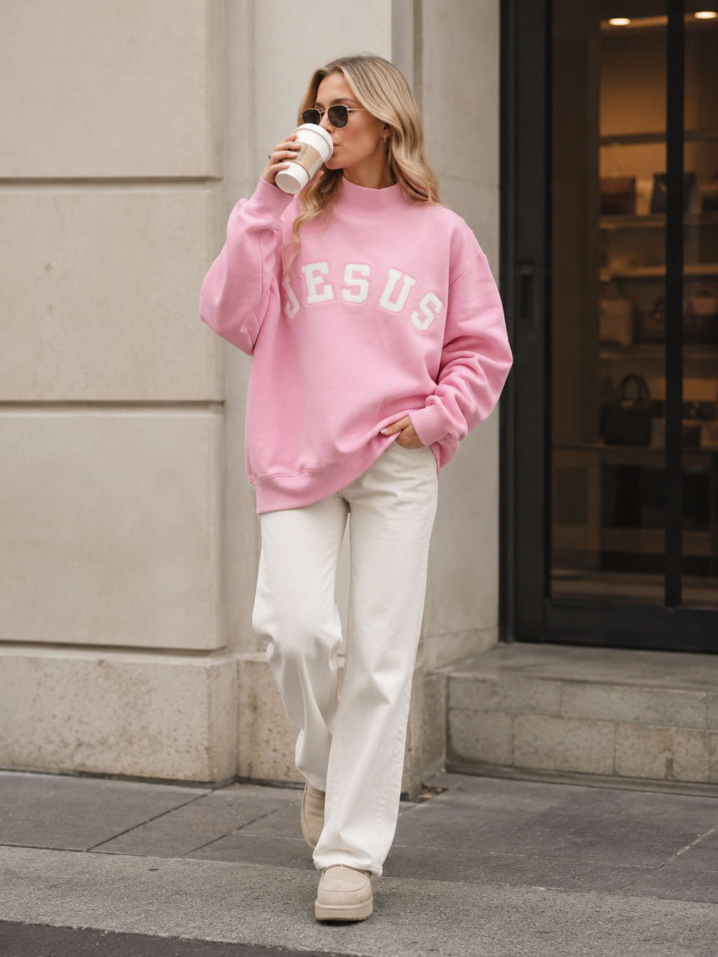 JESUS Varsity Appliqué Oversized Sweatshirt - Pink