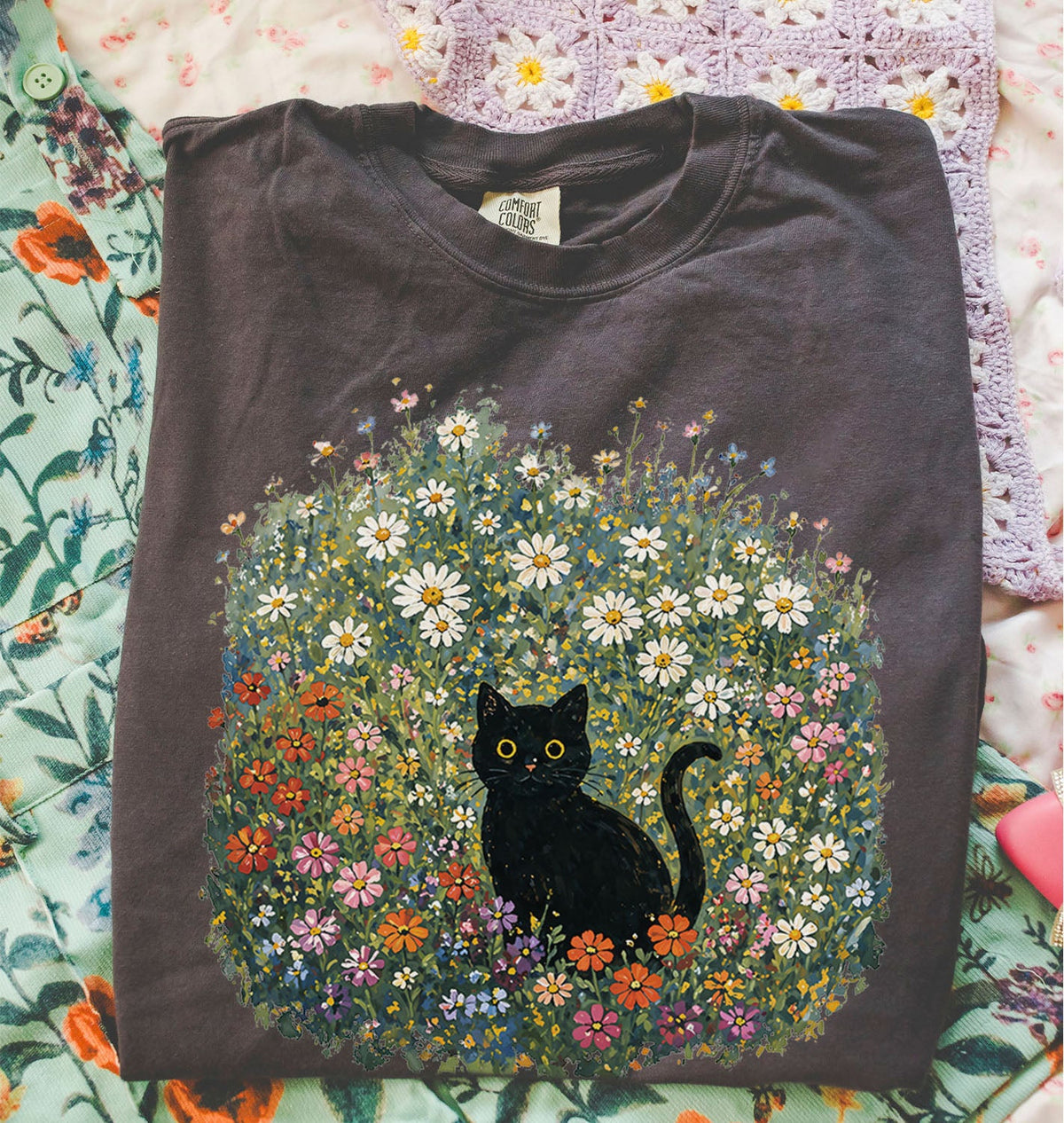 Black Cat Wildflower Oversized T-Shirt