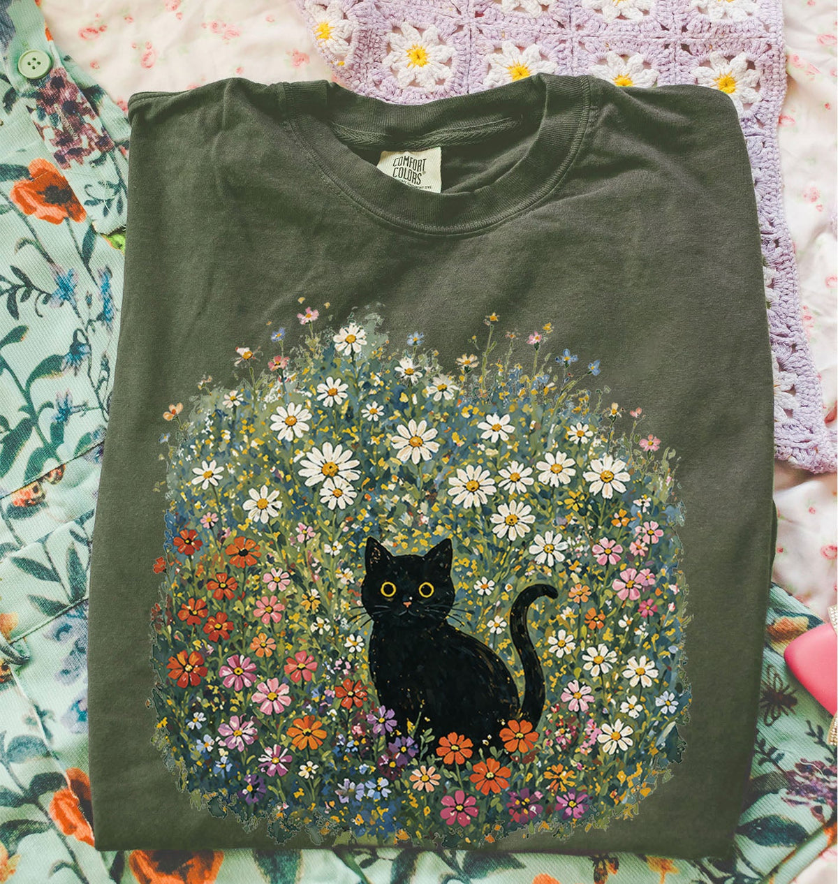 Black Cat Wildflower Oversized T-Shirt