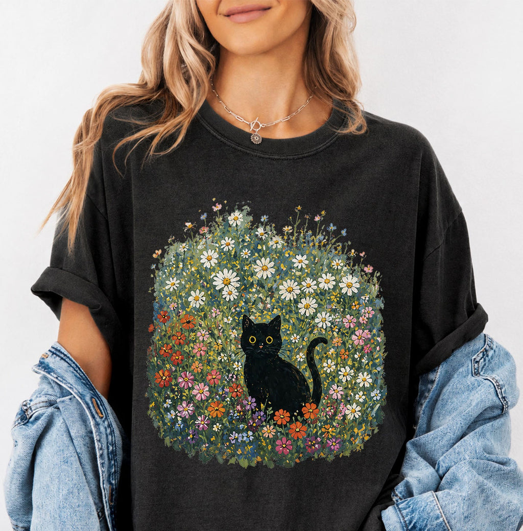 Black Cat Wildflower Oversized T-Shirt