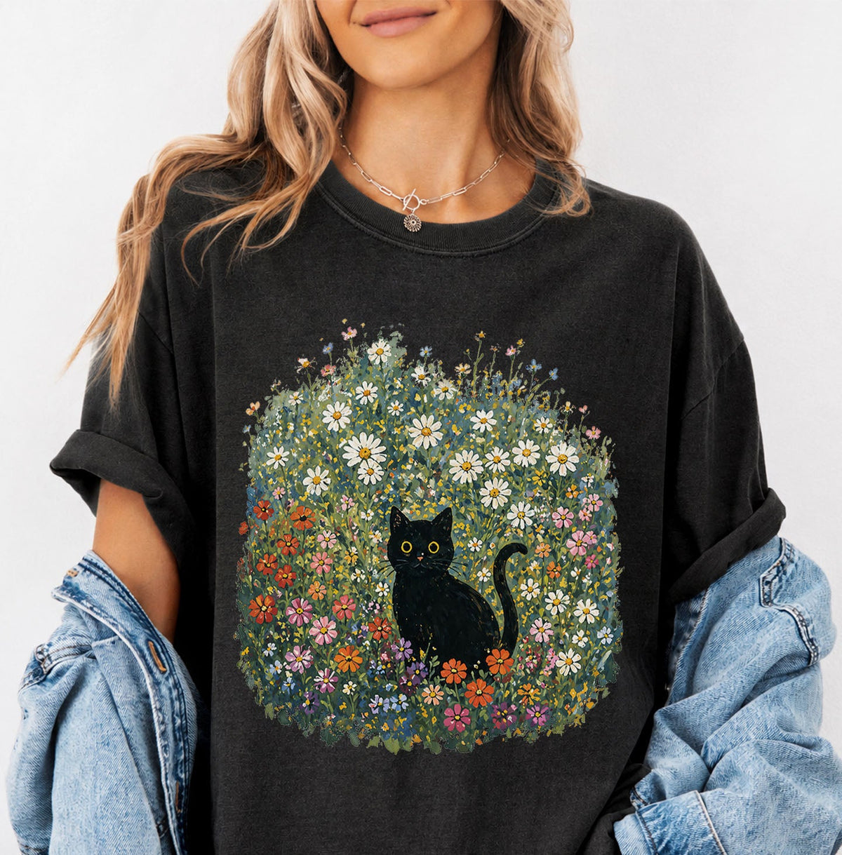Black Cat Wildflower Oversized T-Shirt