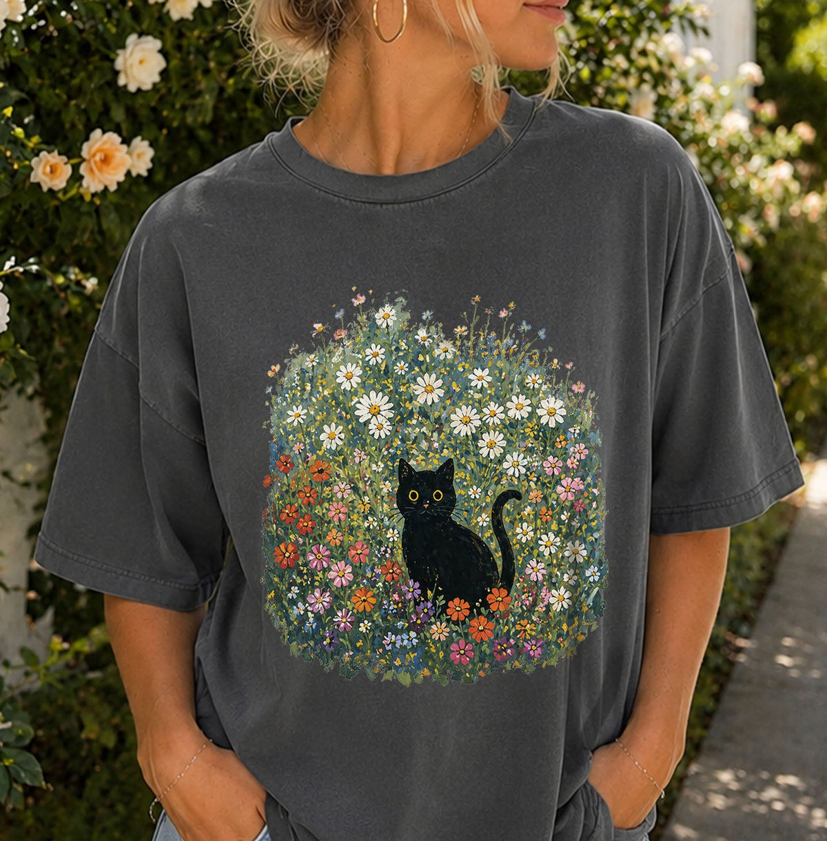 Black Cat Wildflower Oversized T-Shirt