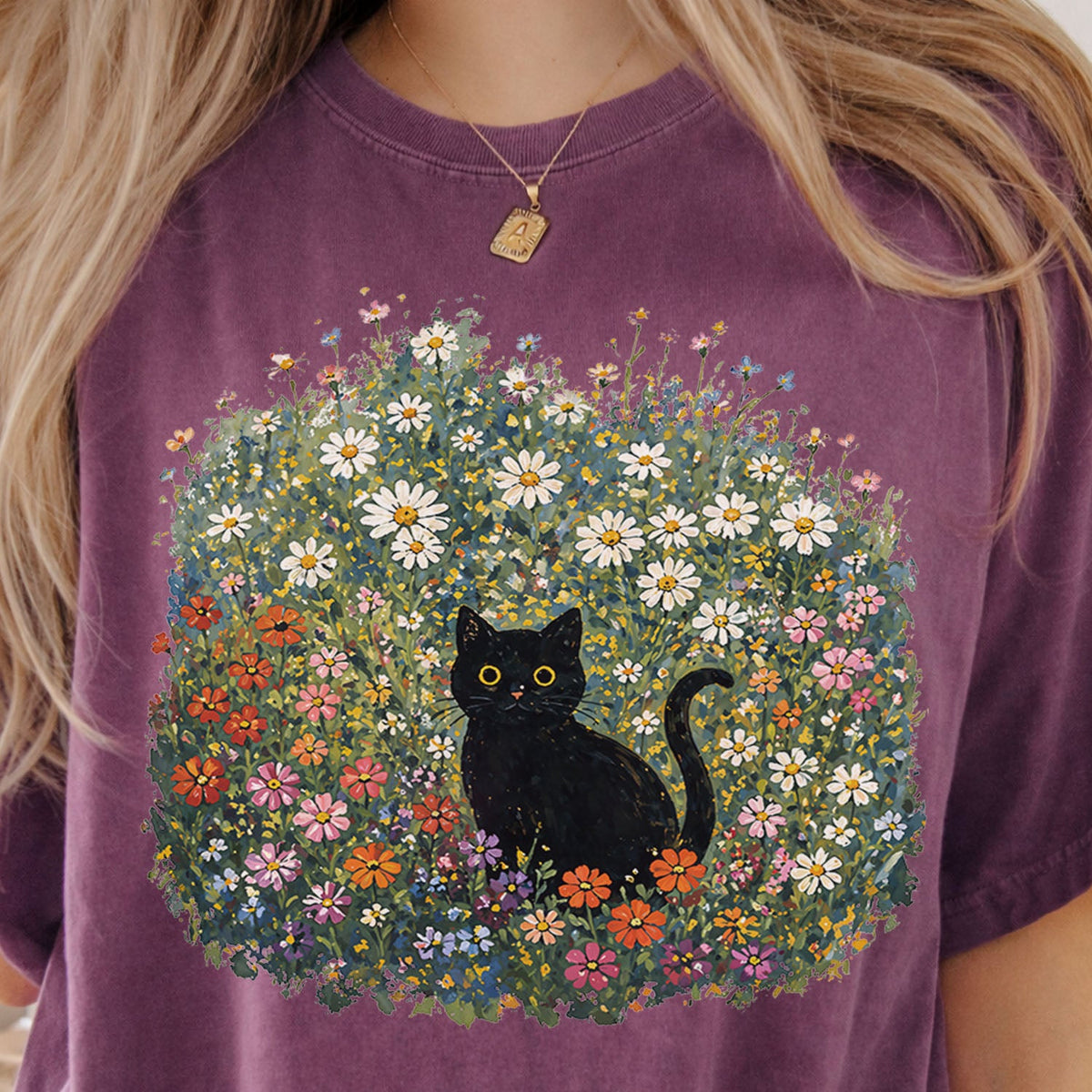 Black Cat Wildflower Oversized T-Shirt