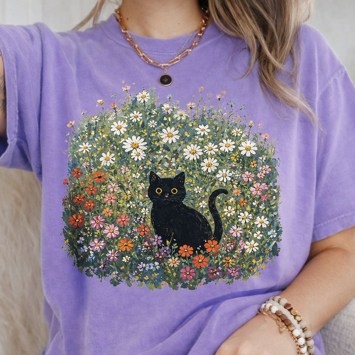 Black Cat Wildflower Oversized T-Shirt