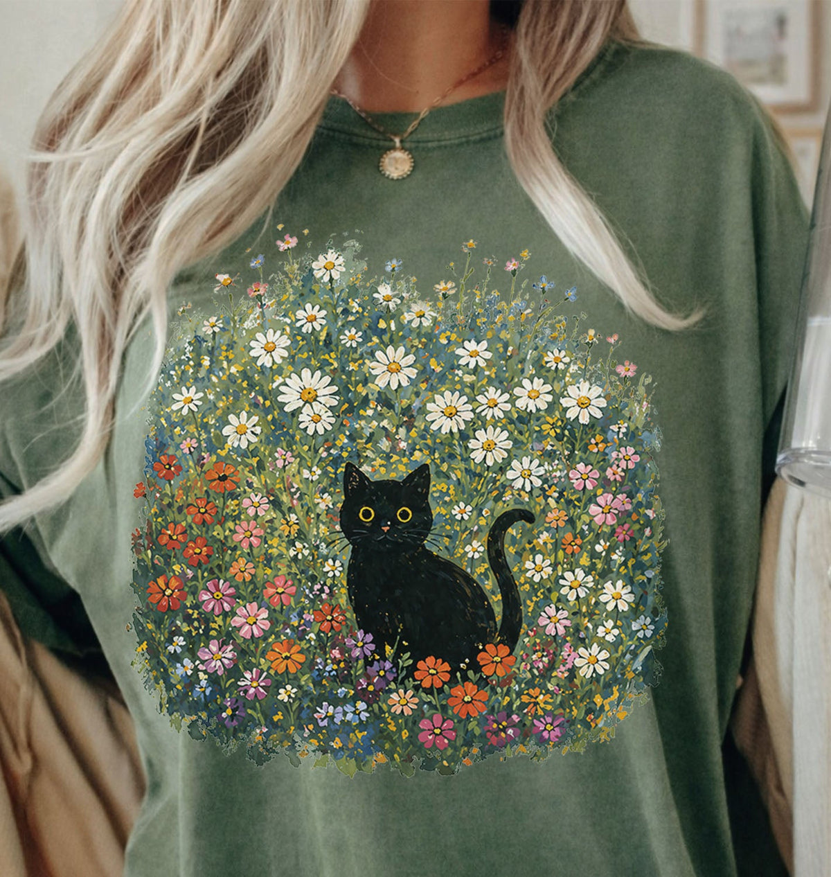 Black Cat Wildflower Oversized T-Shirt