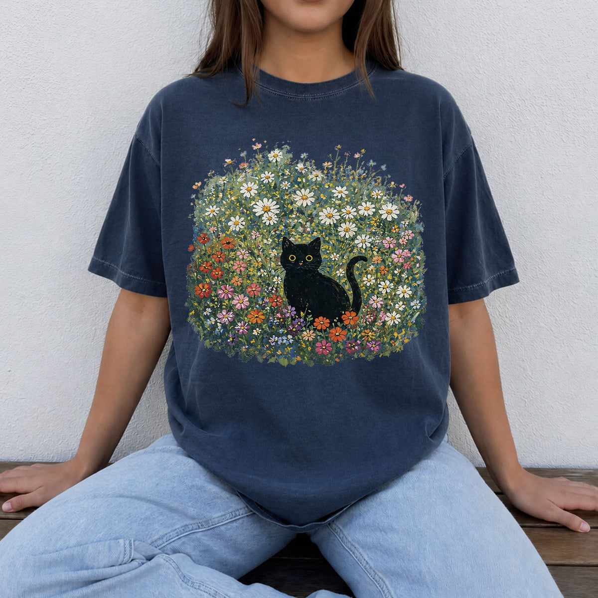Black Cat Wildflower Oversized T-Shirt