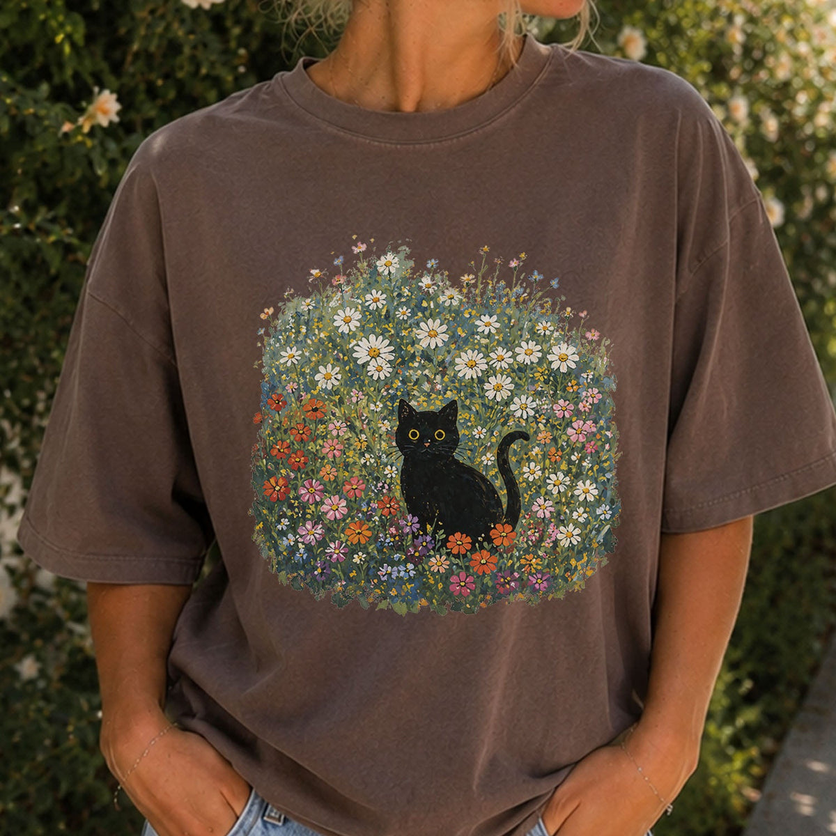 Black Cat Wildflower Oversized T-Shirt