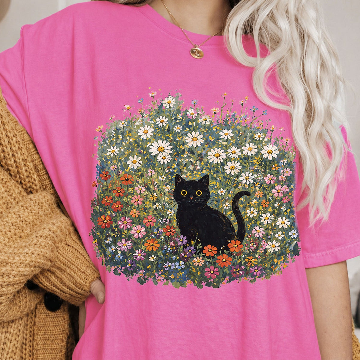 Black Cat Wildflower Oversized T-Shirt