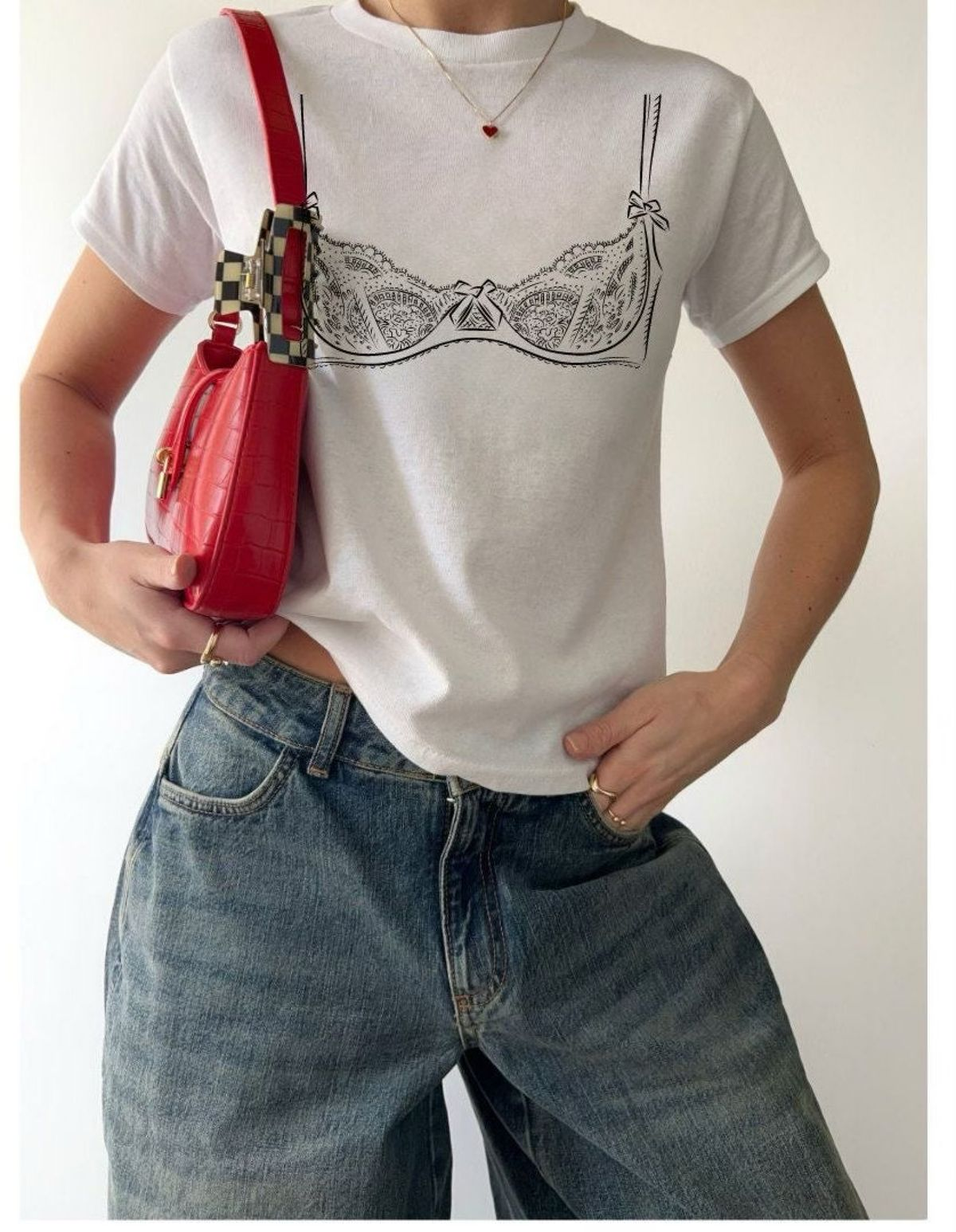 White Lace Bra Graphic Baby Tee