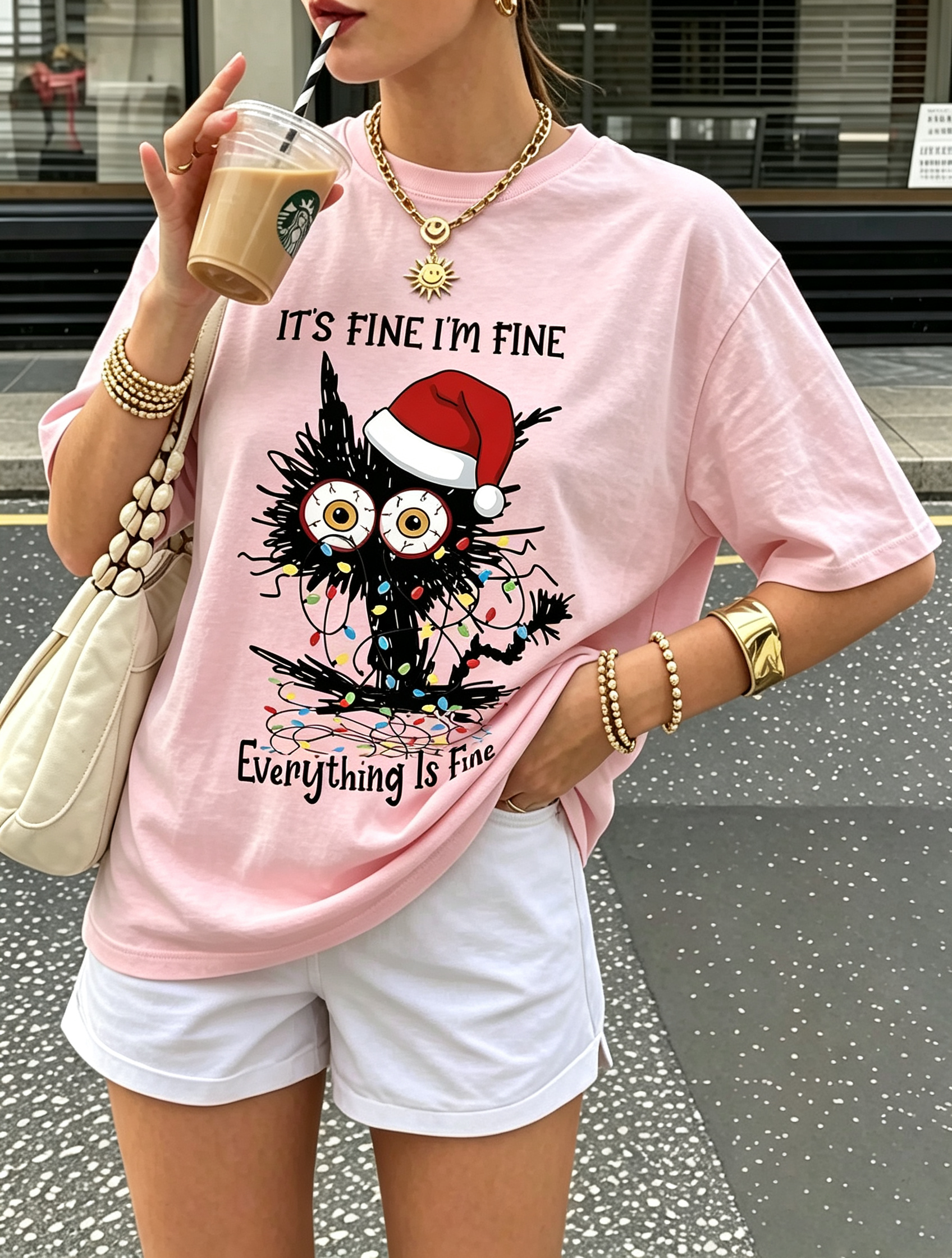 Pink It's Fine I'm Fine Christmas Cat Graphic Crew Neck T-Shirt