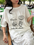 White Brain Heart Umbrella Hand Drawn Art Crew Neck T-Shirt