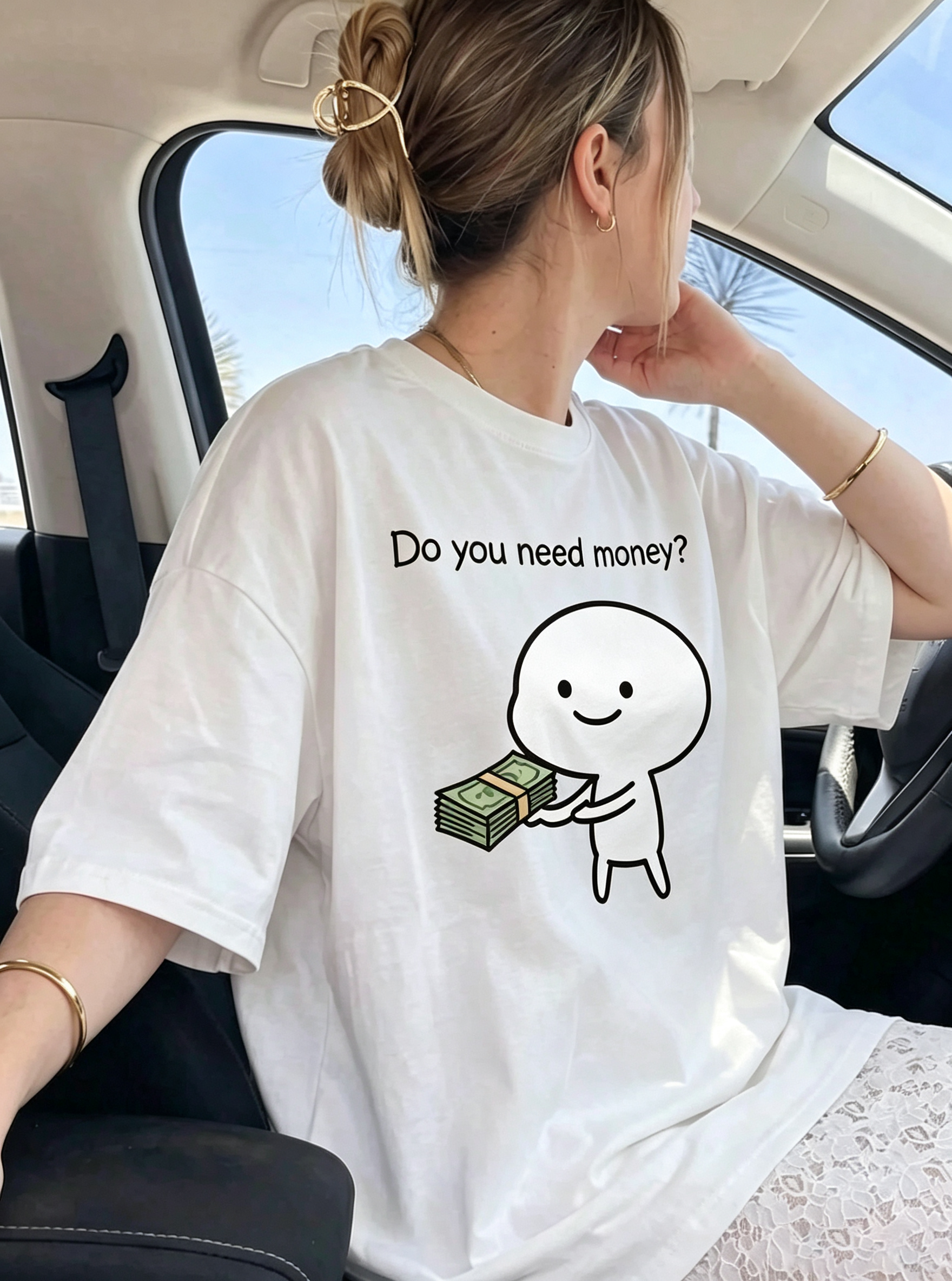 White Do You Need Money Cartoon Stick Figure Cash Oversized T-Shirt