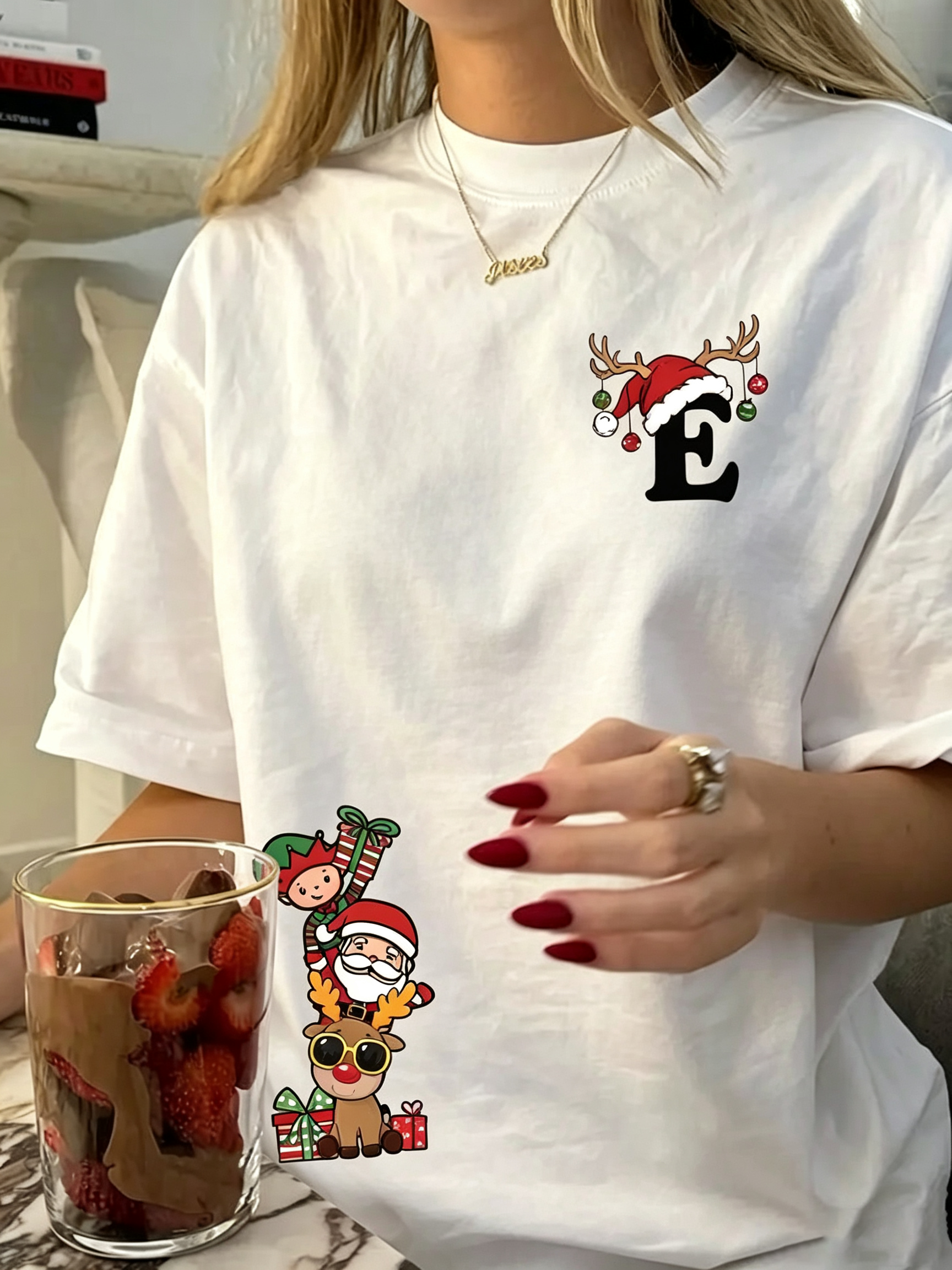 White Christmas Santa Reindeer Elf Stack Letter E Graphic T-Shirt