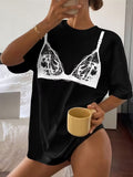 Black White Lace Bra Illusion Print Oversized Crew Neck T-Shirt