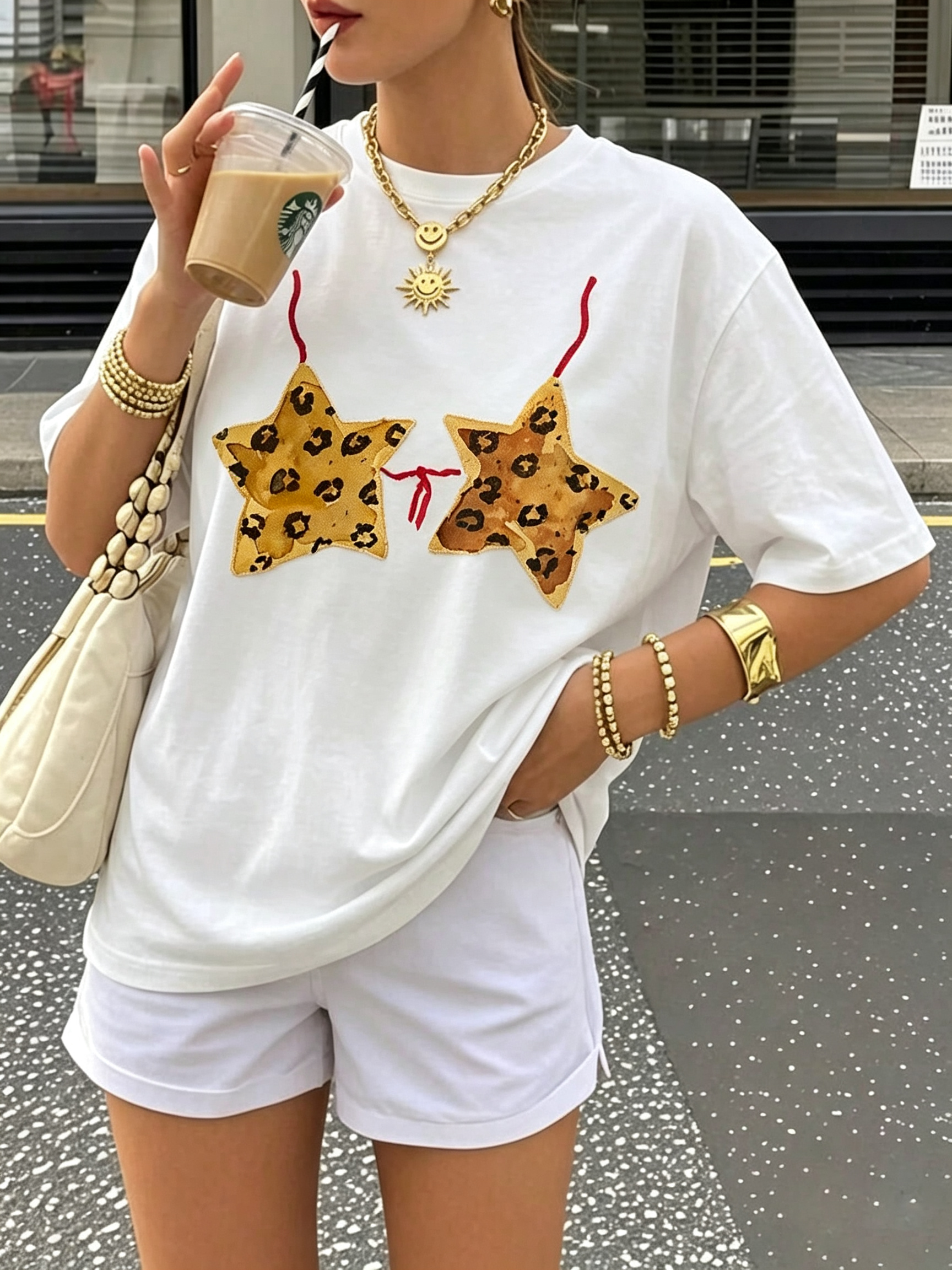 White Leopard Print Star Ribbon Crew Neck Oversized T-Shirt