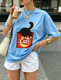 LightBlue Cat's Snack Bag Black Cat Graphic Crew Neck T-Shirt