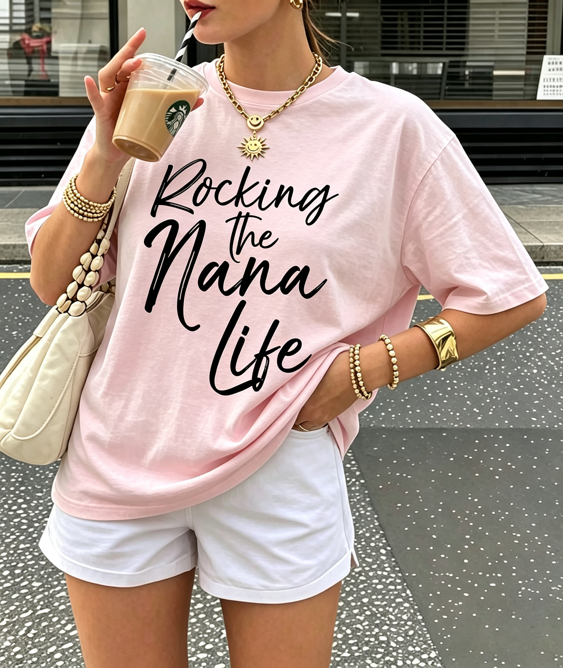 Pink Rocking The Nana Life Cursive Slogan Crew Neck T-Shirt