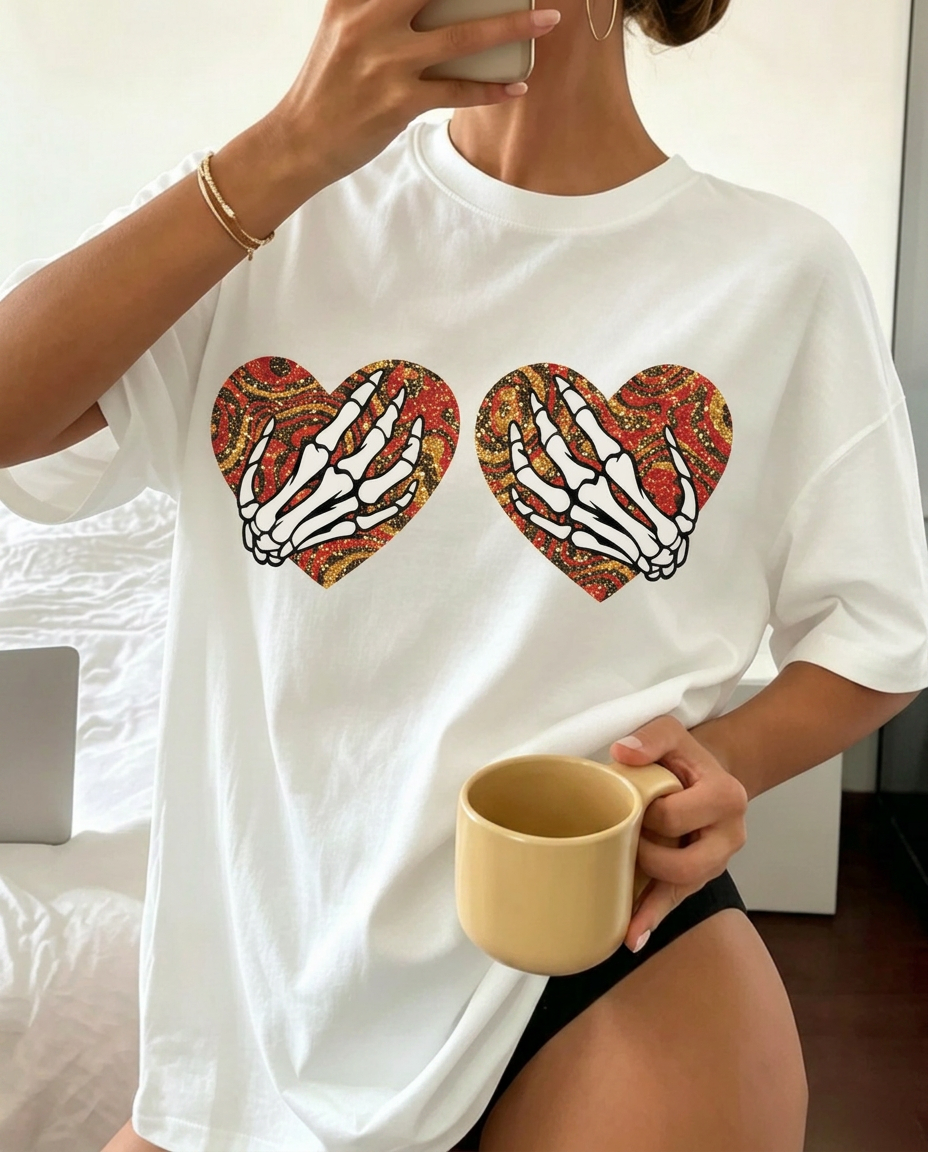 Glitter Skeleton Hands Heart Oversized Cotton Tee