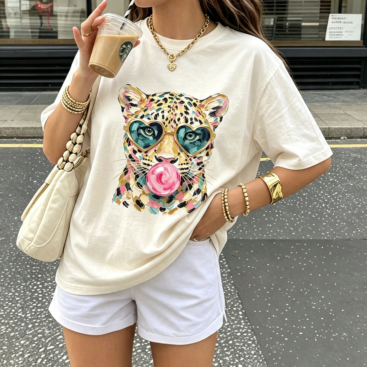 Bubblegum Leopard Oversized Graphic Cotton Tee
