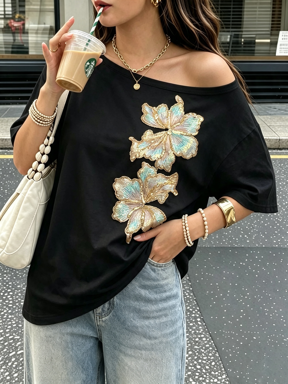 Sequin Butterfly Off-Shoulder Cotton T-Shirt