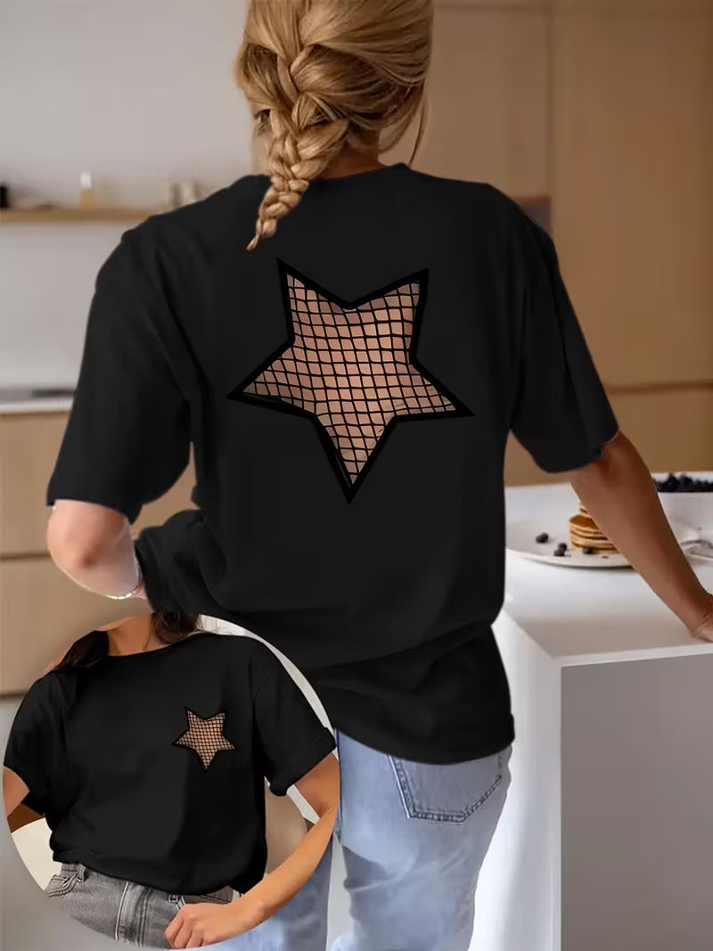 Double-Sided Mesh Star Graphic Cotton T-Shirt
