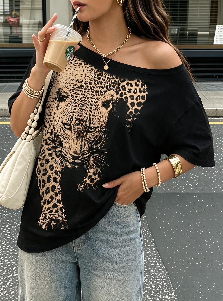 Leopard Face Off-Shoulder Oversized Cotton Tee