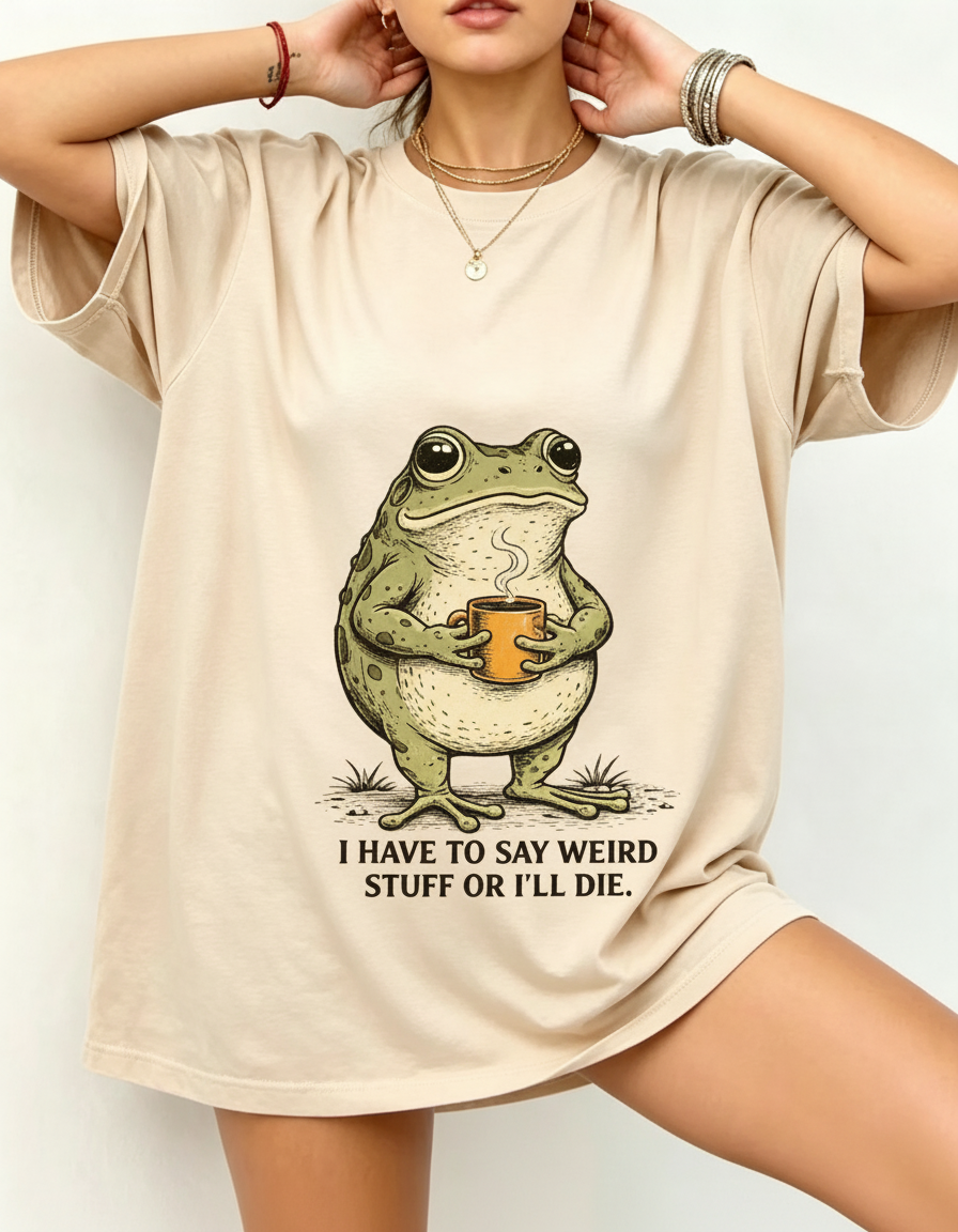 Weird Frog With Coffee Graphic Oversized Cotton Tee
