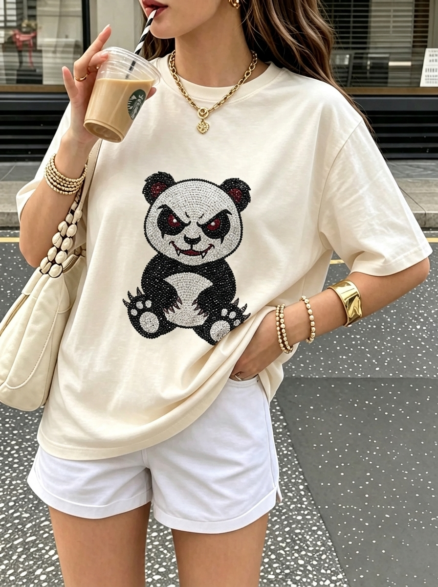 Rhinestone Grumpy Panda Oversized Cotton Tee