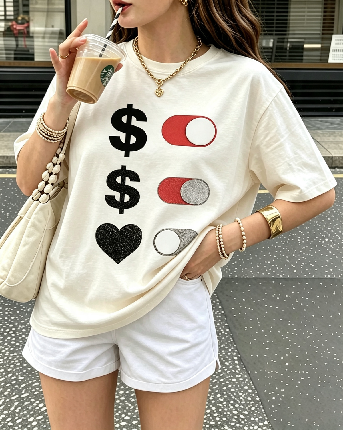 Money And Heart Switch Graphic Oversized Cotton Tee
