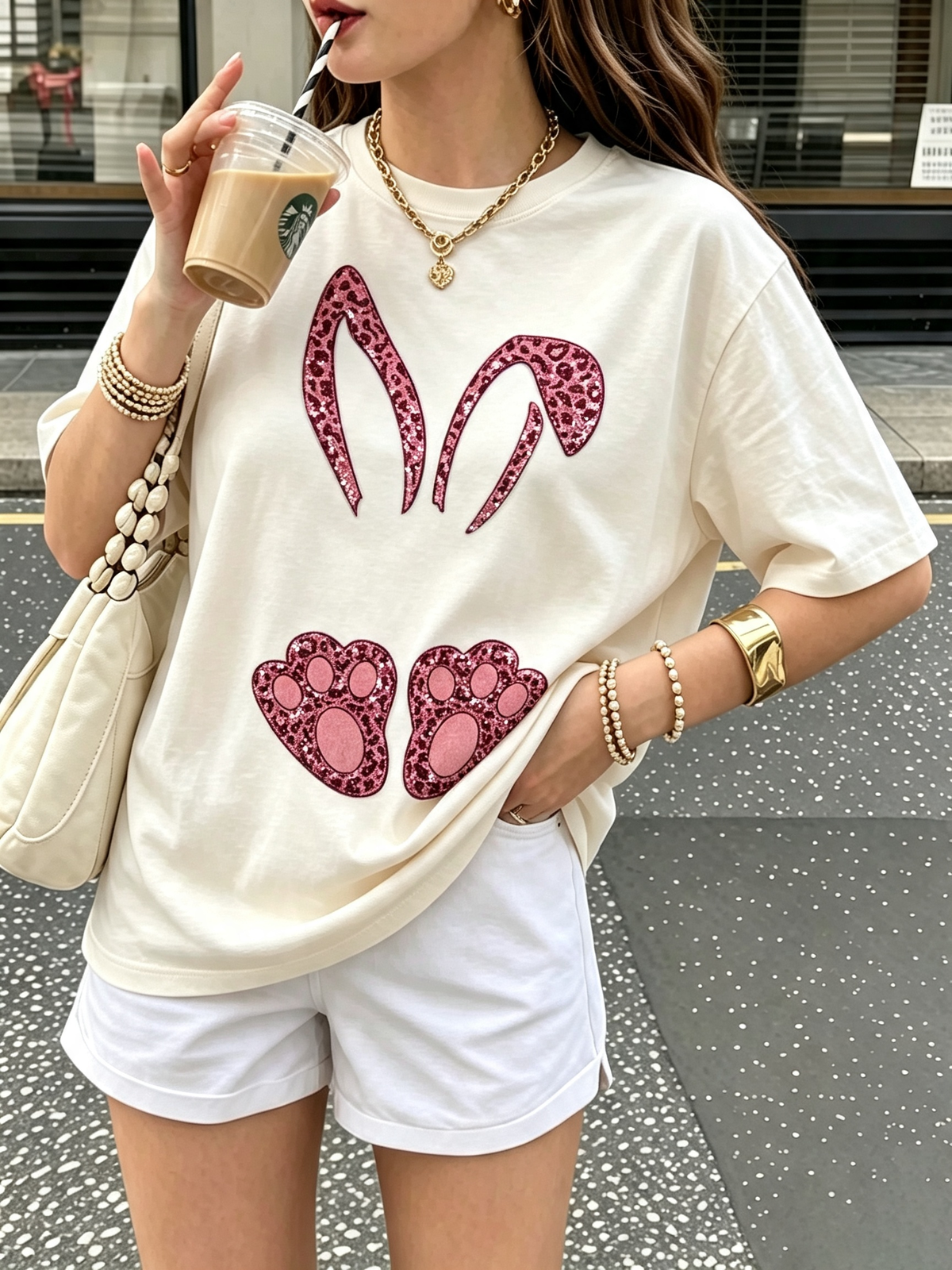 Leopard Bunny Ear And Paw Graphic Cotton Tee