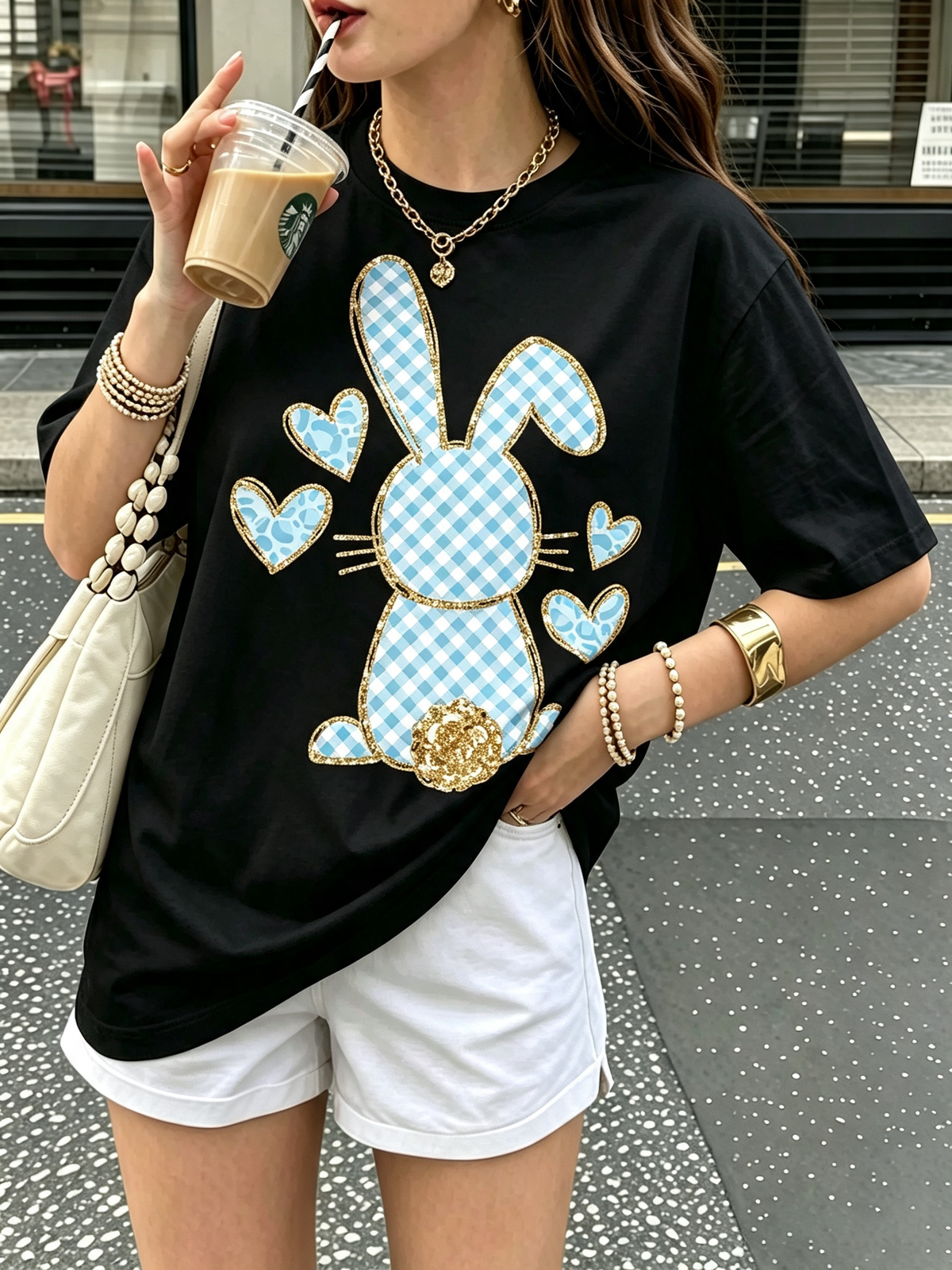 Gingham Bunny Oversized Cotton Tee