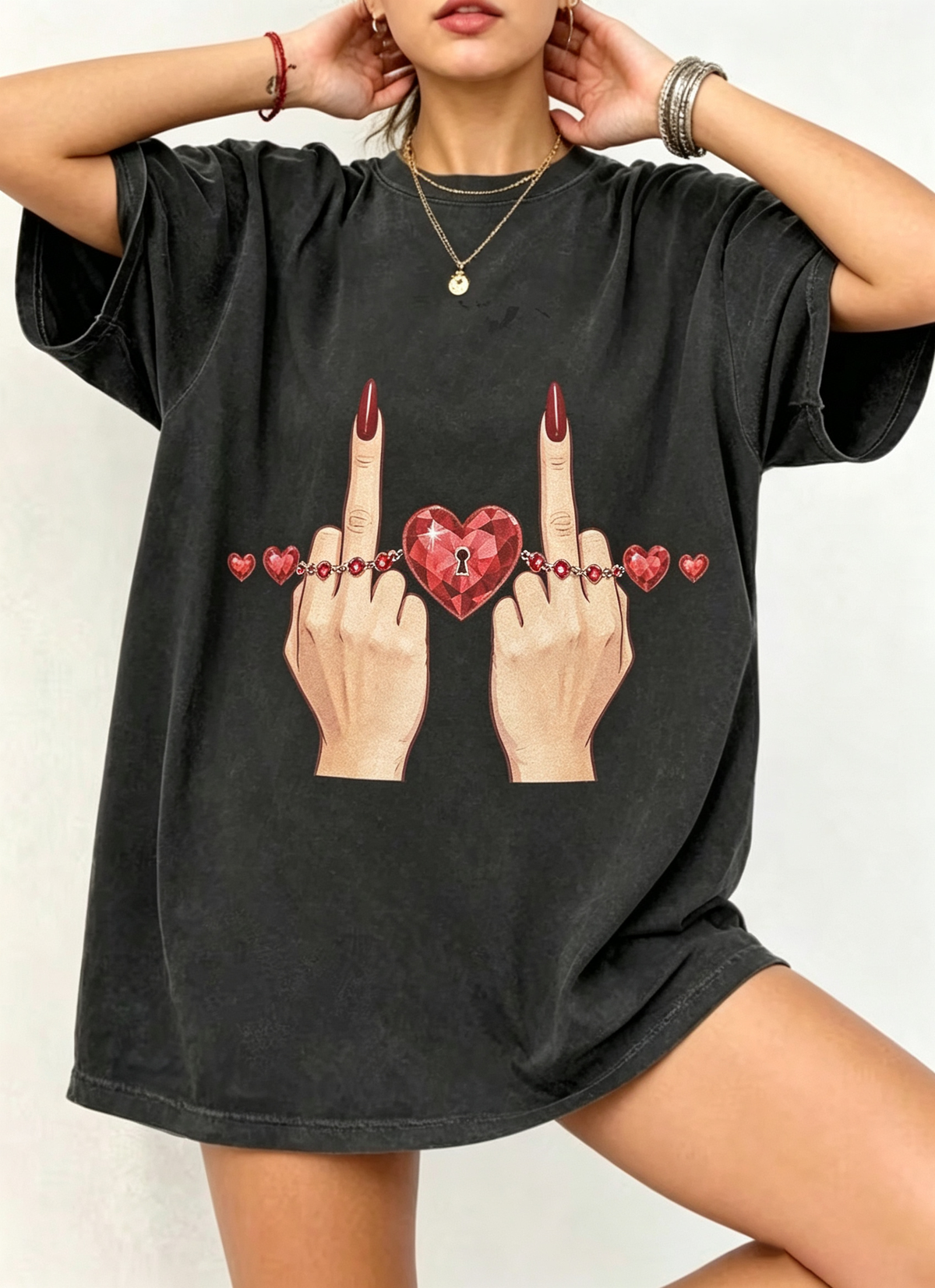 Heart Lock Middle Finger Oversized Cotton Tee