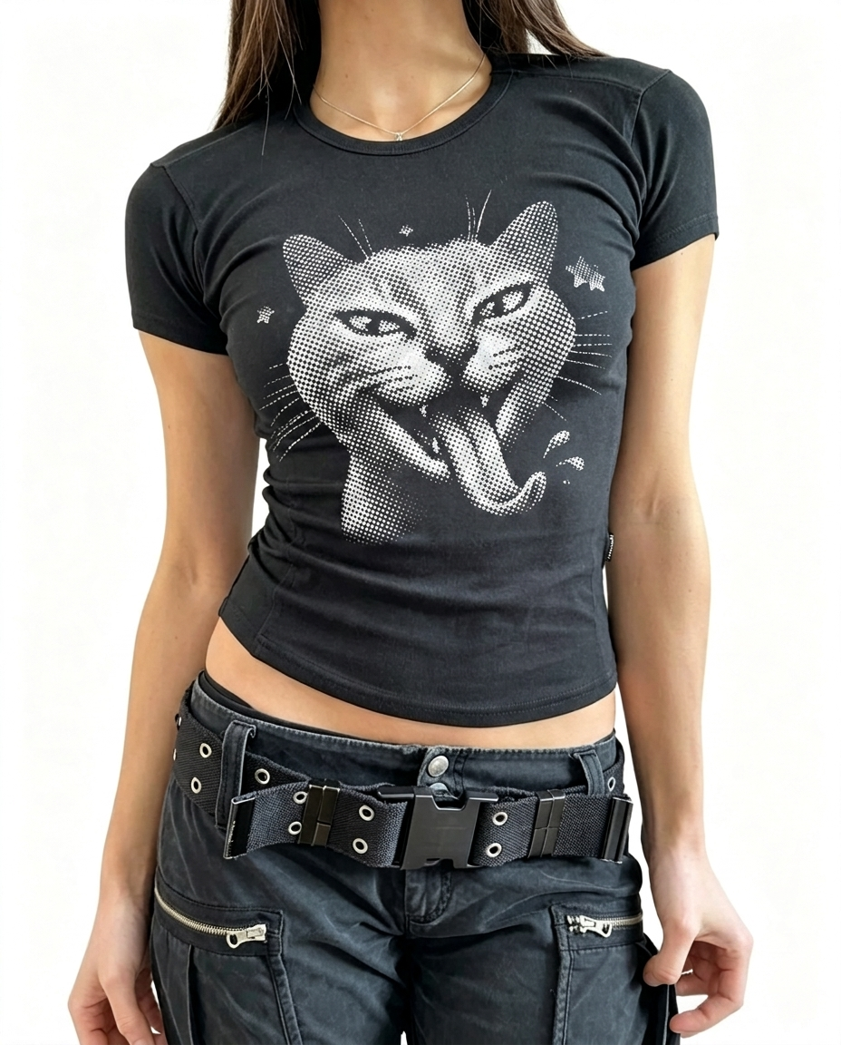 Halftone Cat Graphic Cotton Baby Tee