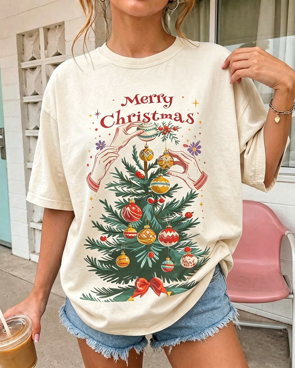 Merry Christmas Tree Oversized Graphic Cotton Tee