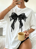 Black Lace Bow Oversized Graphic Cotton Tee