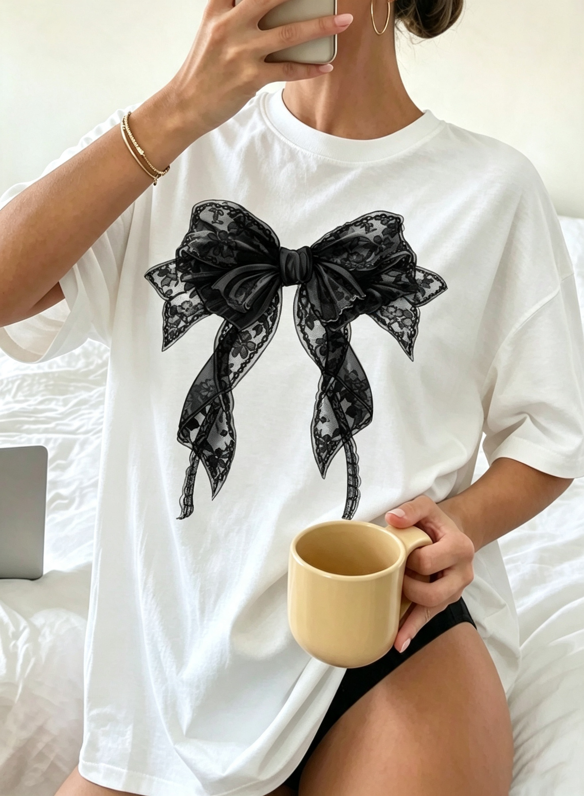 Black Lace Bow Oversized Graphic Cotton Tee