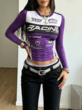 Purple Racing Graphic Long-Sleeve Cotton Crop Top