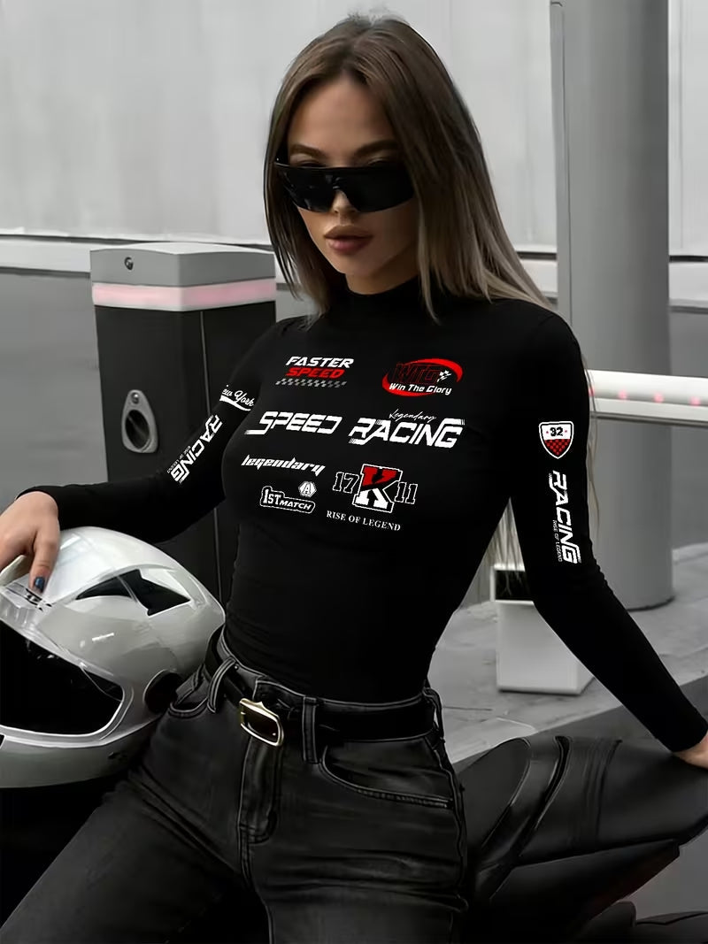 Black Speed Racing Graphic Long-Sleeve Cotton Top