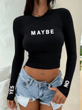 Black Maybe Yes No Long Sleeve Crop Top
