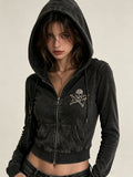 Black Acid Wash Skull Zip-Up Hoodie