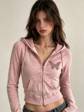 Pink Acid Wash Butterfly Zip-Up Hoodie