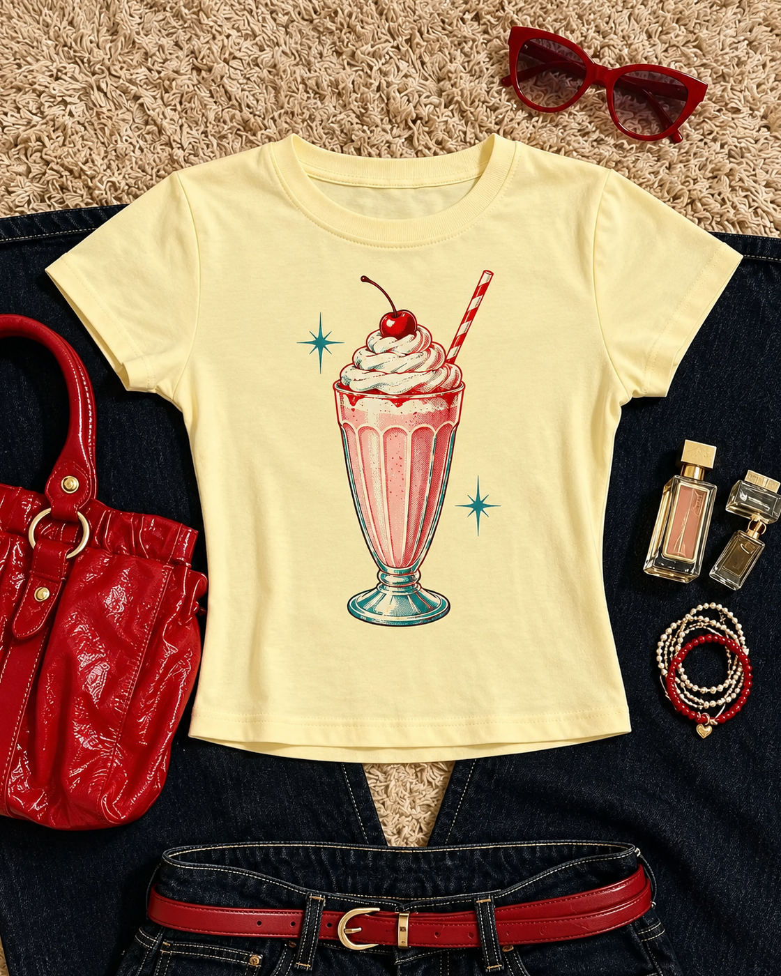 Yellow Milkshake Cherry Graphic Baby Tee