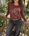 Burgundy Horse Graphic Long Sleeve Top