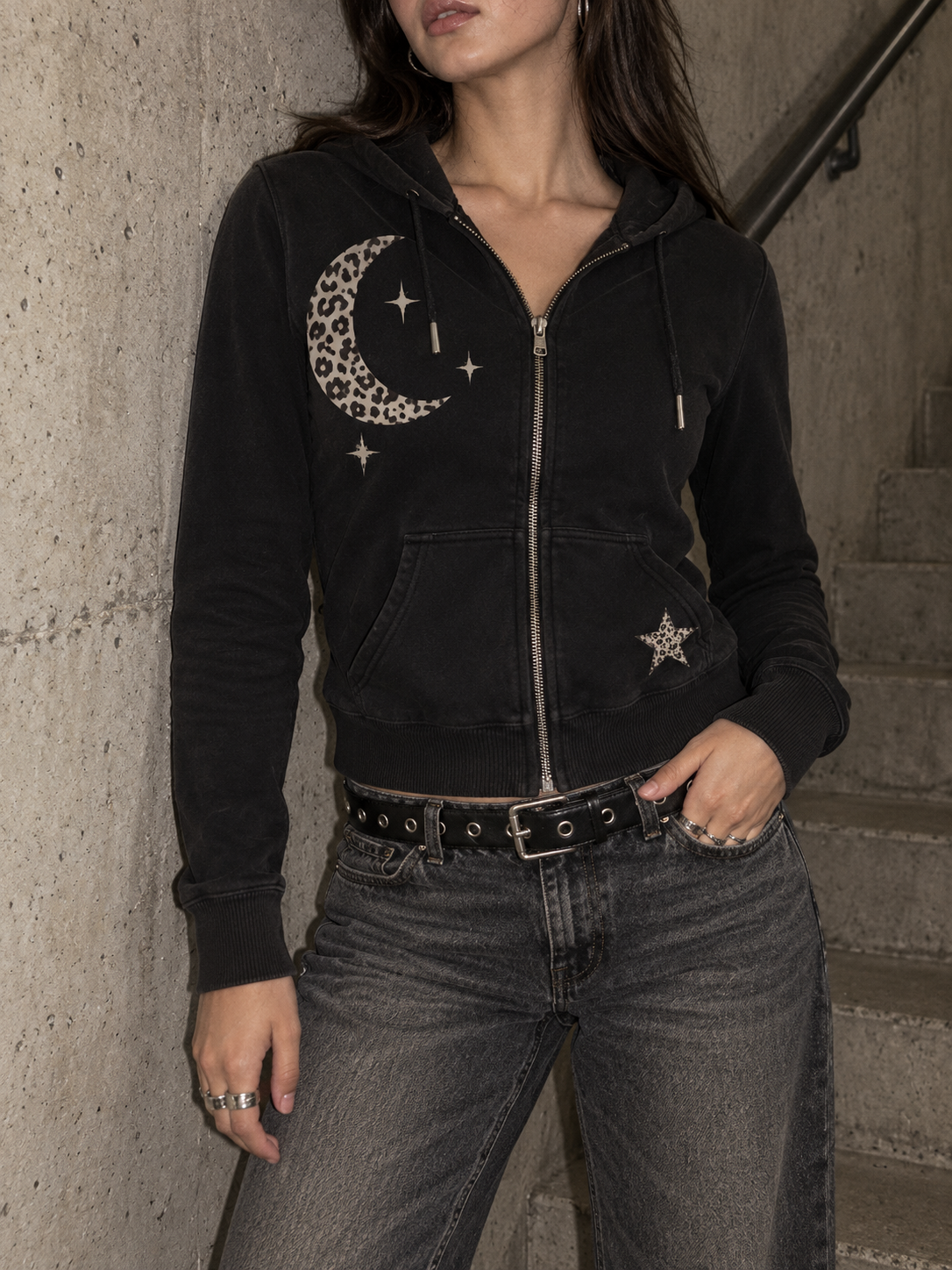 Black Leopard Moon Star Zip Up Hoodie