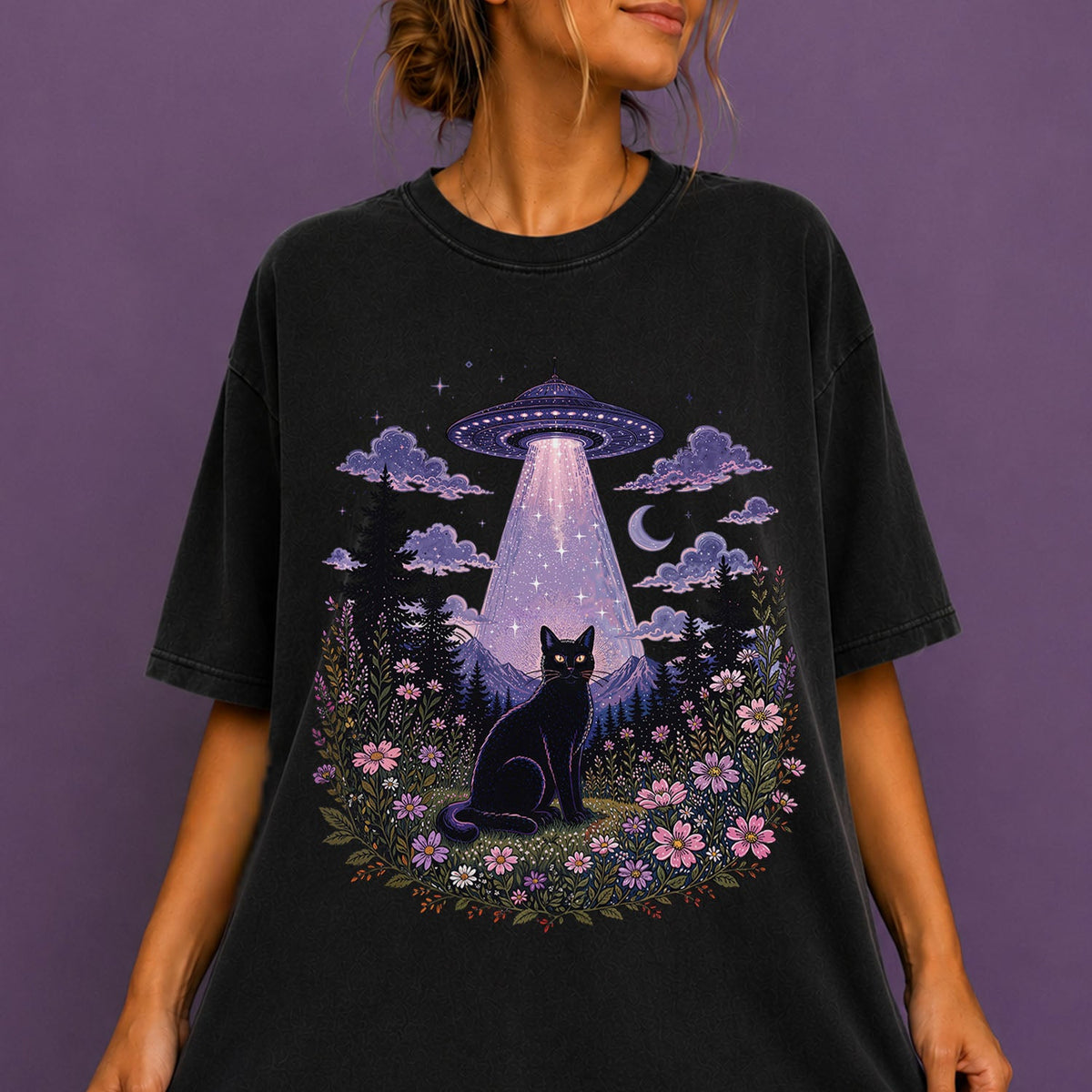 UFO Alien Abduction Cat Oversized T Shirt