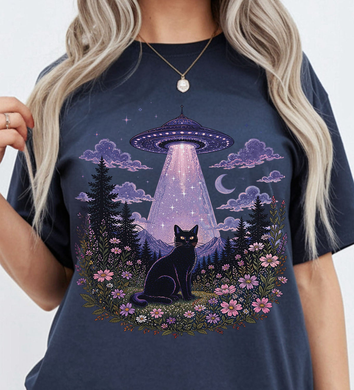 UFO Alien Abduction Cat Oversized T Shirt